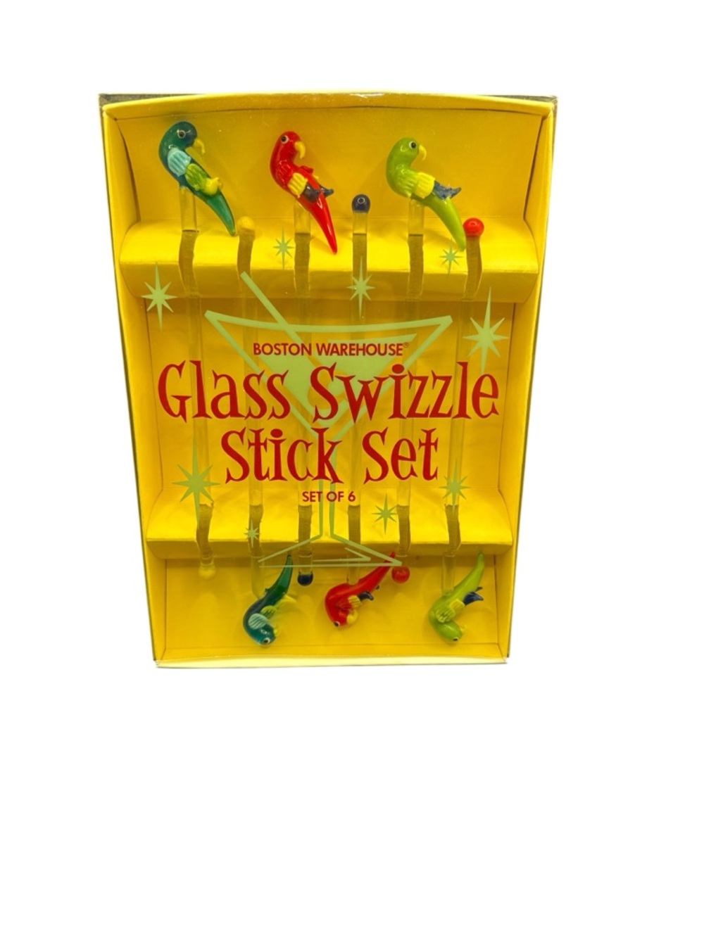Vintage NOS Boston Warehouse Glass Parrot Swizzle Sticks Tiki Tropical Barware